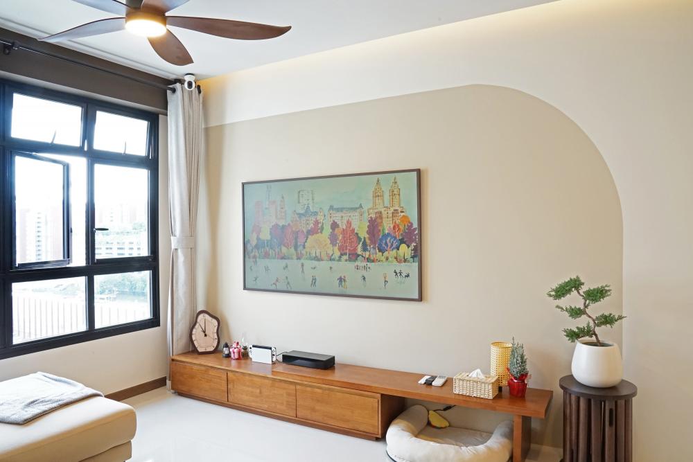 Scandinavian Living Room with TV Console and Feature Wall