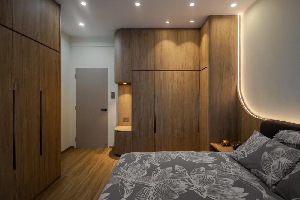 Modern Bedroom with Bookshelf and Herringbone Tiling