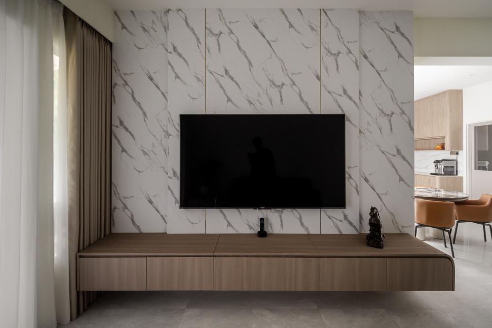 Modern Living Room with Homogeneous Tiles and Herringbone Tiling