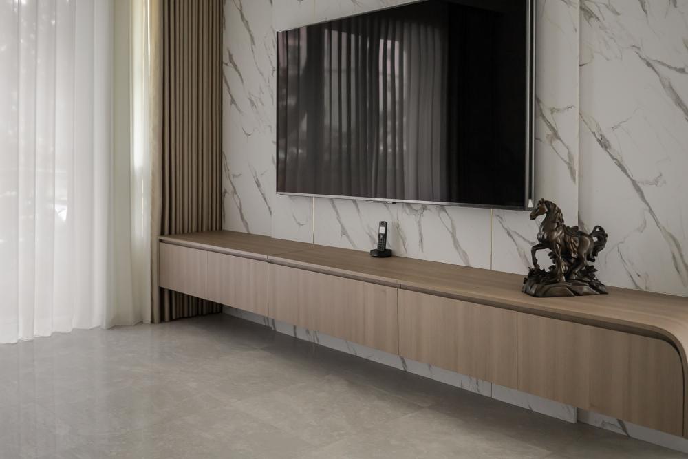 Modern Living Room with Wood Flooring and Feature Wall