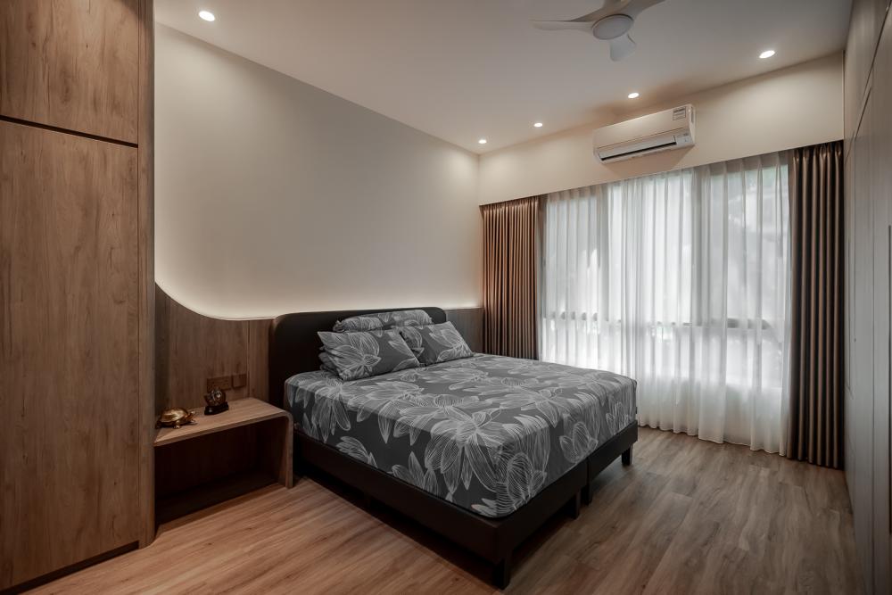 Modern Bedroom with Marble Floor and Wood Flooring