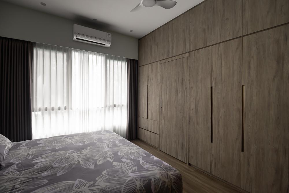 Modern Bedroom with Granite Floor and Wood Flooring