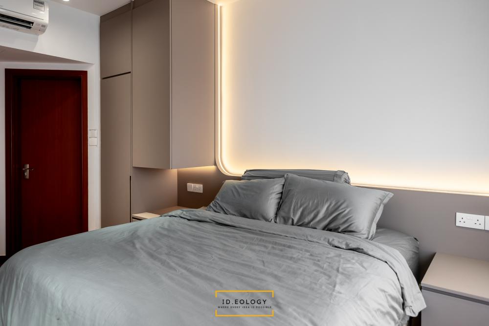 Contemporary Bedroom with Cement Floor and Cove Lighting