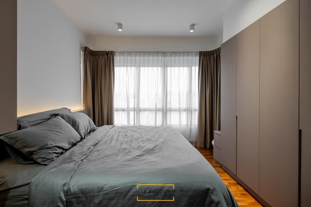 Contemporary Bedroom with Wood Flooring and Bay Window