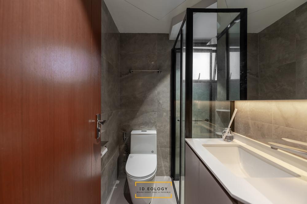 Contemporary Bathroom with Herringbone Tiling and Parquet Floor