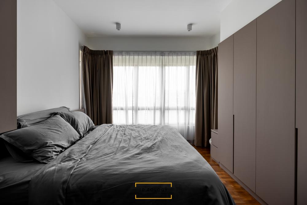 Contemporary Bedroom with Wood Flooring and Bay Window