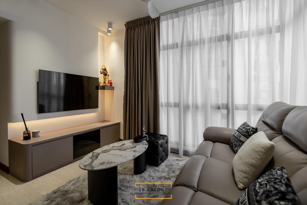 Contemporary Living Room with Roller Blinds and Chandelier