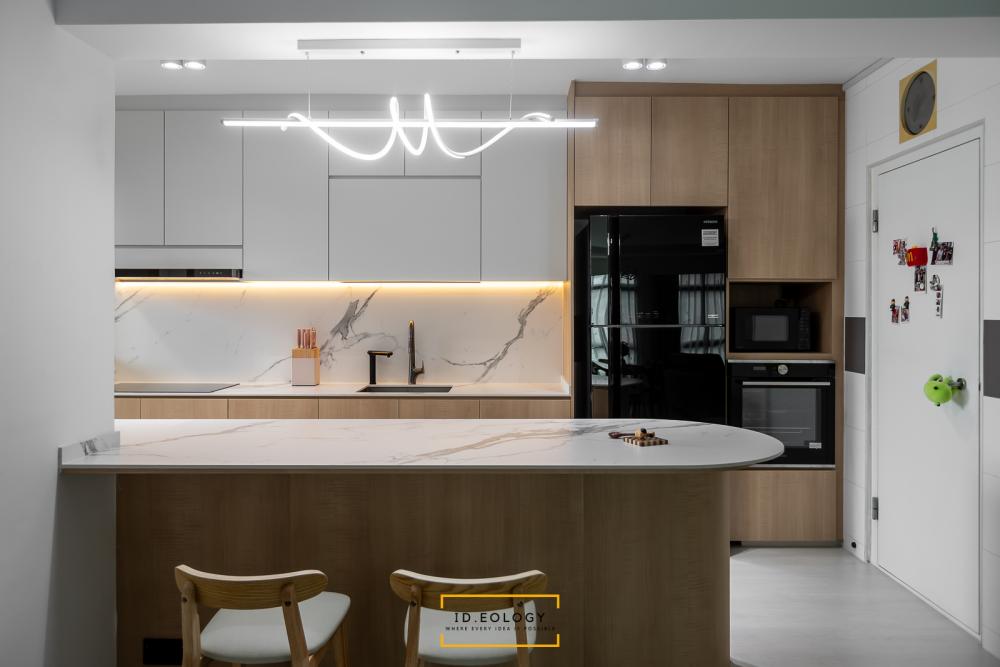 Contemporary Kitchen with Marble Floor and Wood Flooring