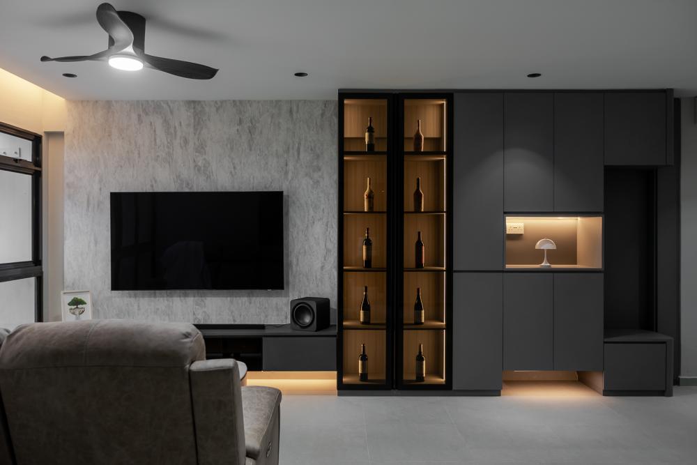 Industrial Living Room with Granite Floor and Marble Floor