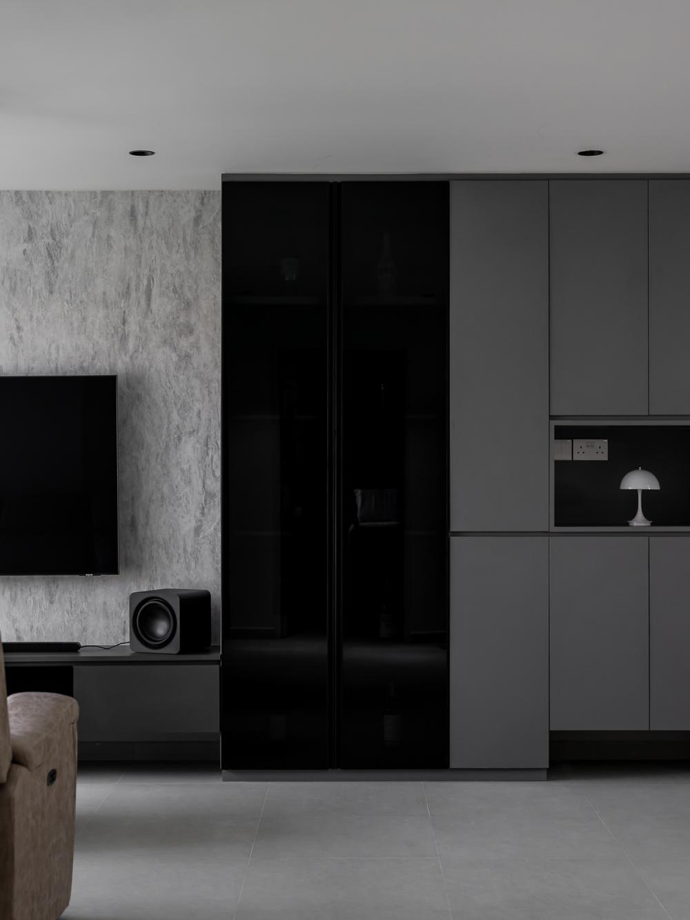 Industrial Living Room with Homogeneous Tiles and Herringbone Tiling