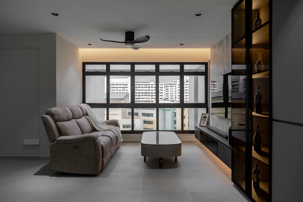 Industrial Living Room with Wood Flooring and Feature Wall
