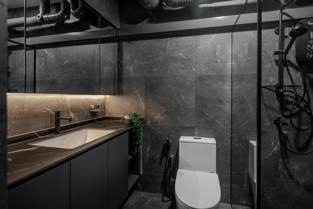 Industrial Bathroom with Marble Floor and Wood Flooring
