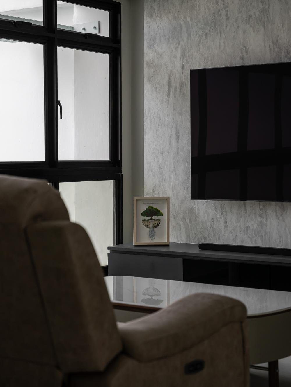 Industrial Living Room with Cove Lighting and Roller Blinds