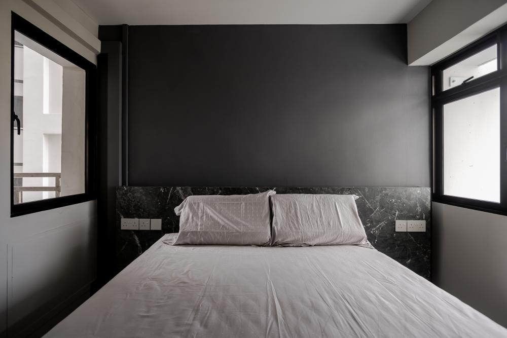 Industrial Bedroom with Wood Flooring and Drop Ceiling