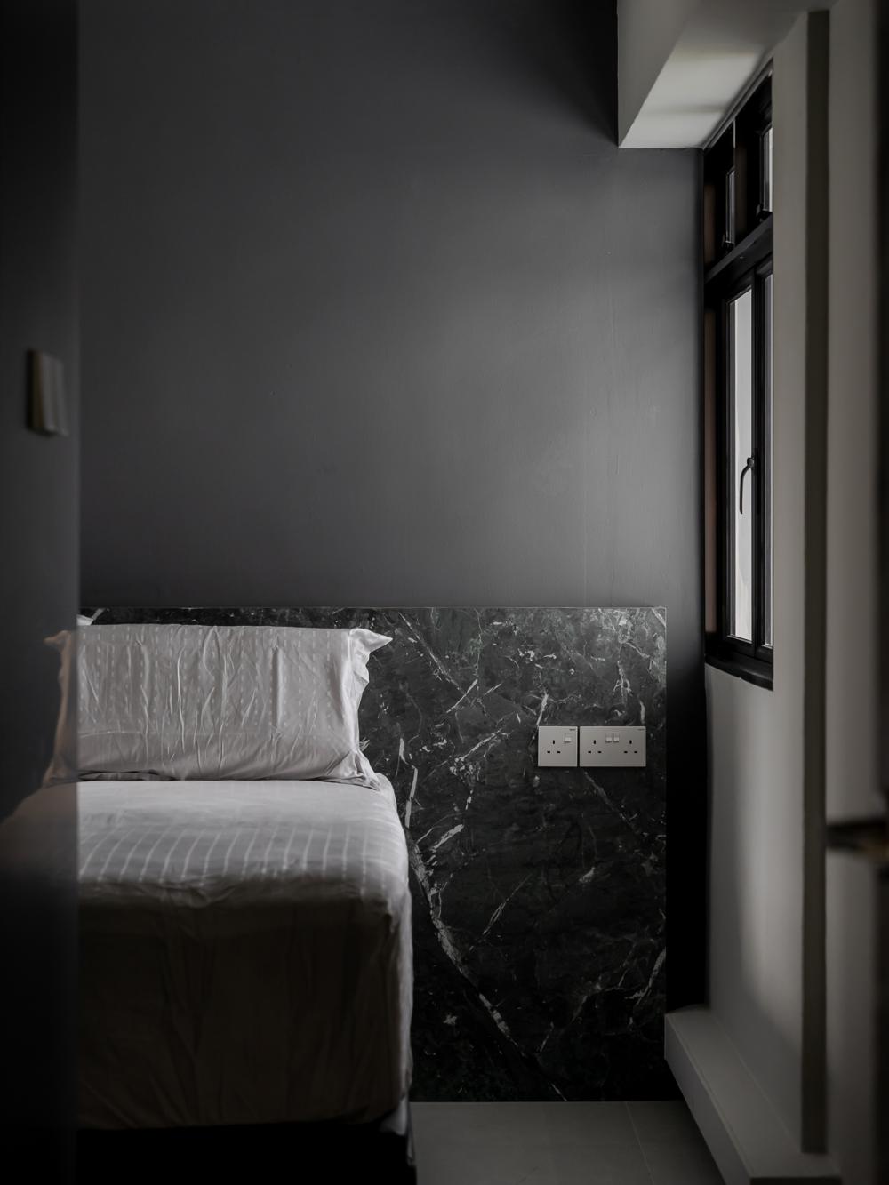 Industrial Bedroom with Drop Light and Bay Window