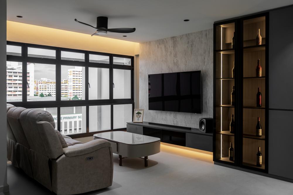Industrial Living Room with TV Console and Feature Wall