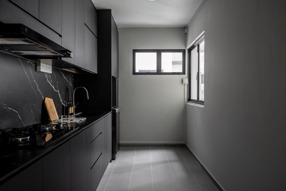 Industrial Kitchen with Parquet Floor and Cement Floor