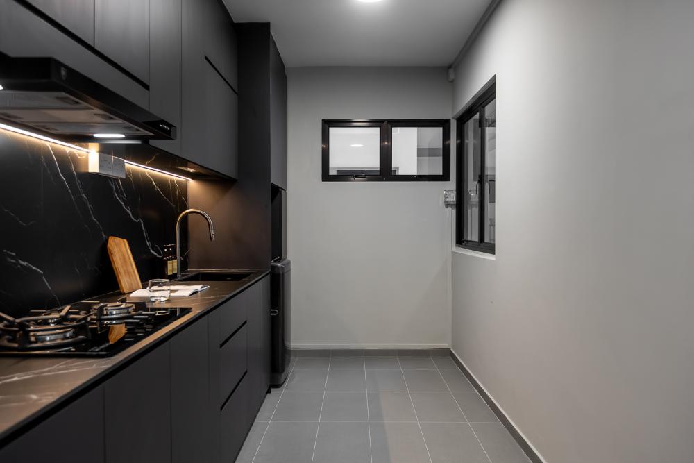 Industrial Kitchen with Herringbone Tiling and Parquet Floor