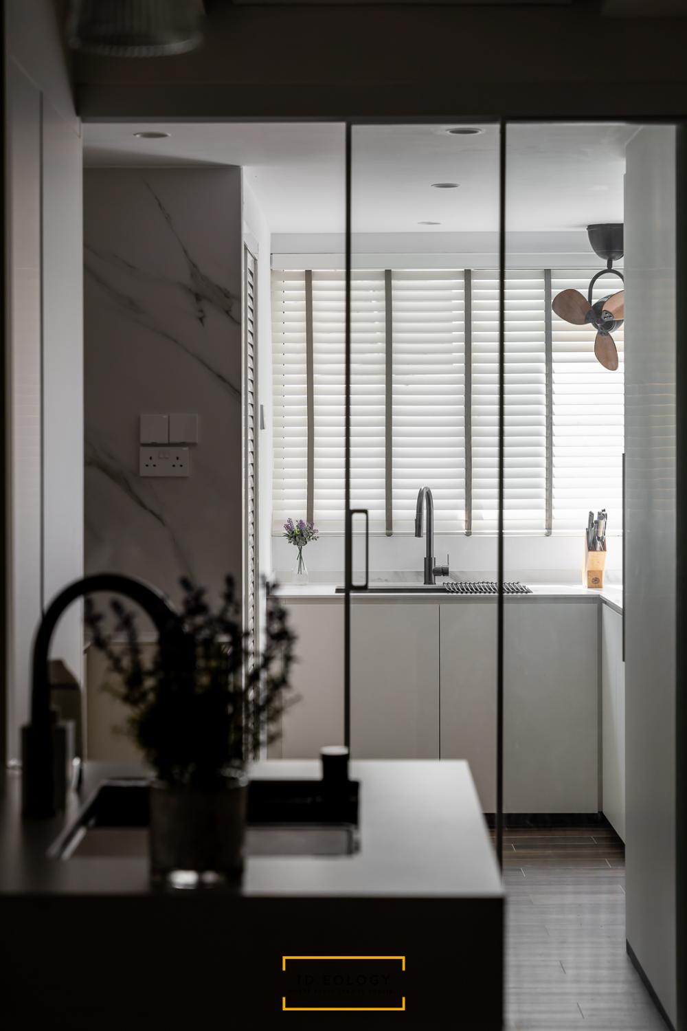 Contemporary Kitchen with Herringbone Tiling and Marble Floor