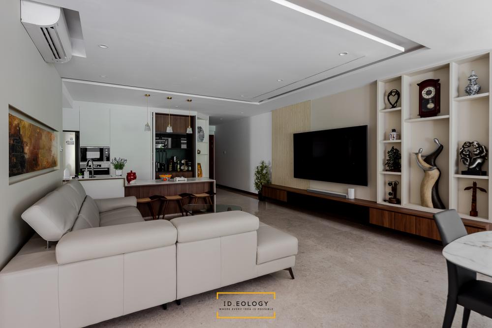 Contemporary Living Room with Bay Window and Carpet