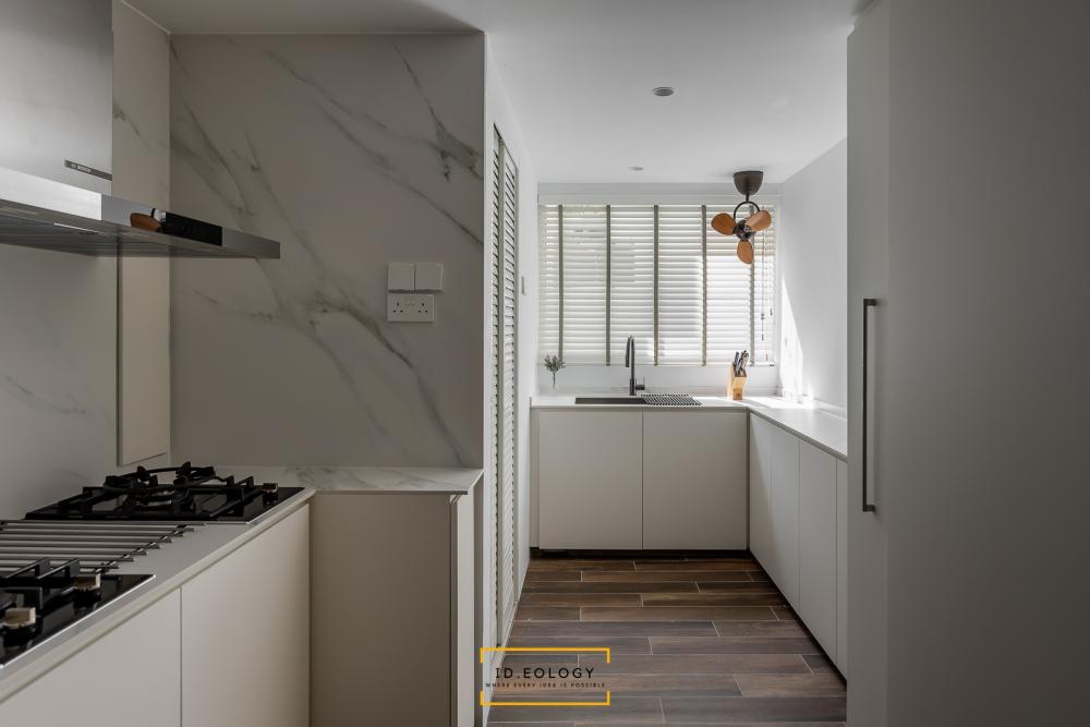 Contemporary Kitchen with Marble Floor and Wood Flooring