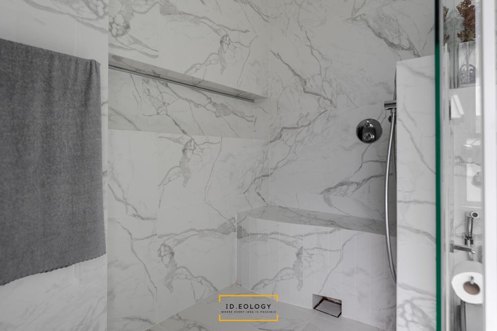 Contemporary Bathroom with Marble Floor and Wood Flooring