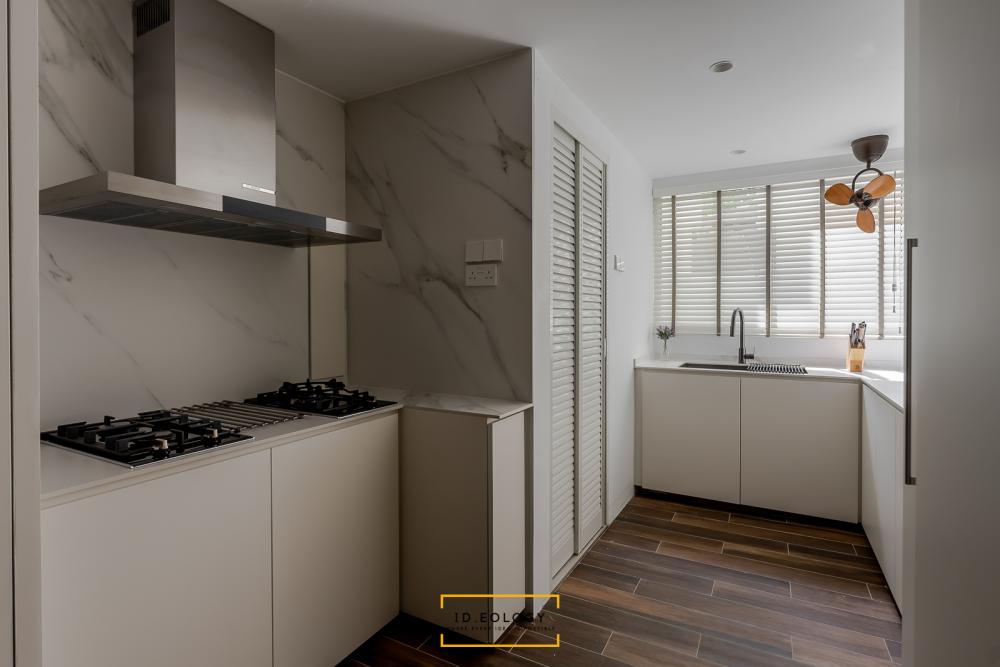 Contemporary Kitchen with Marble Floor and Wood Flooring