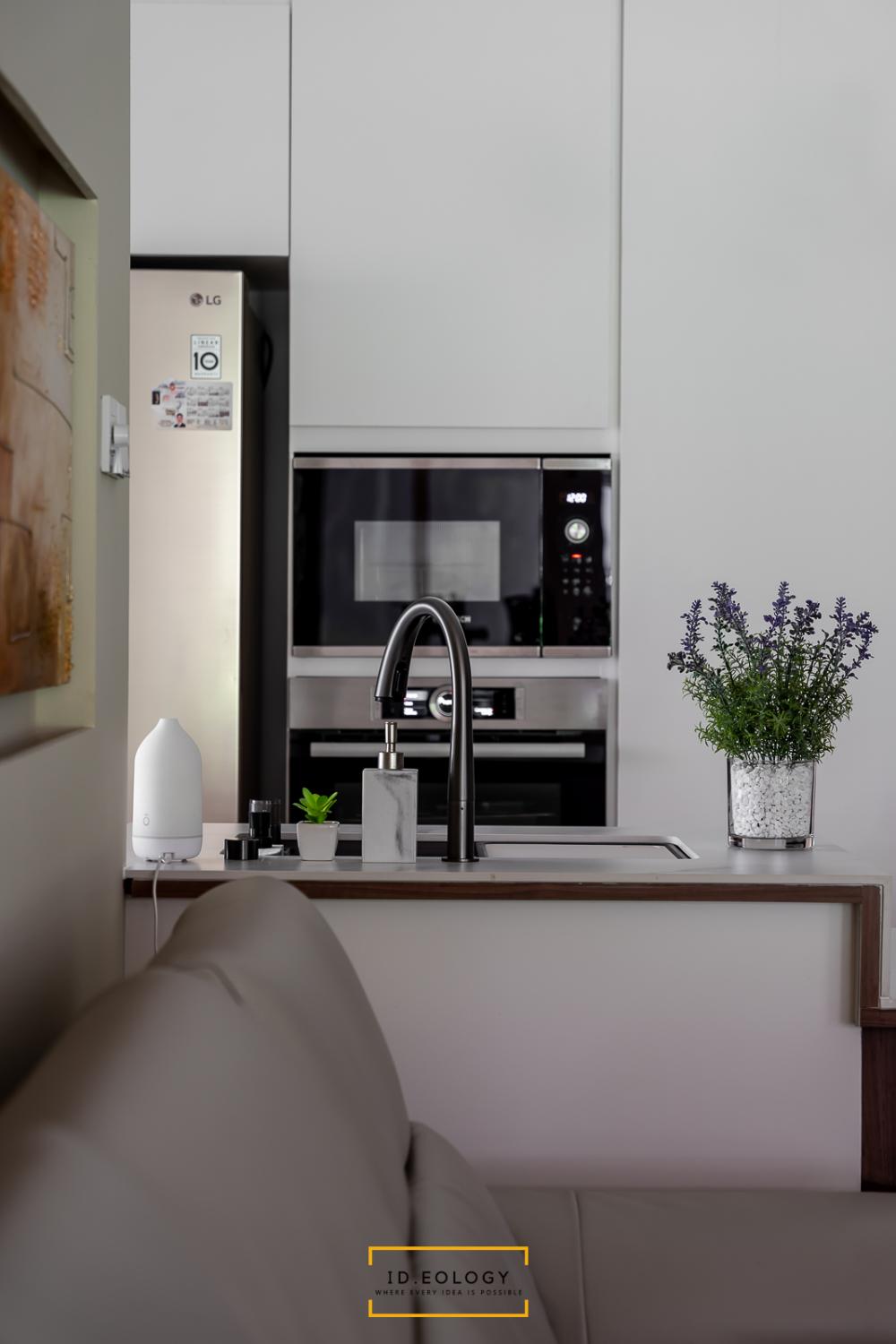 Contemporary Pantry with Kitchen Island and Console Table