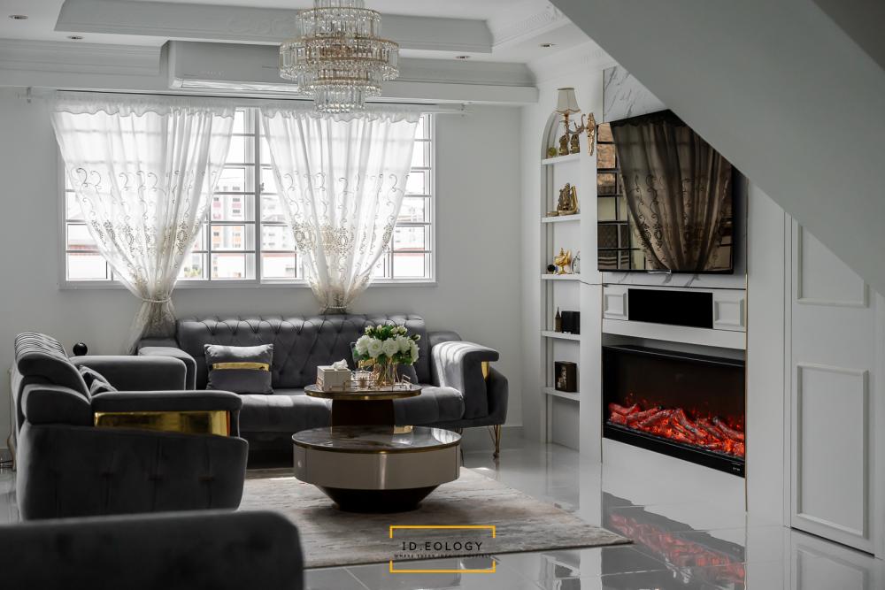 Country Living Room with Homogeneous Tiles and Wood Flooring
