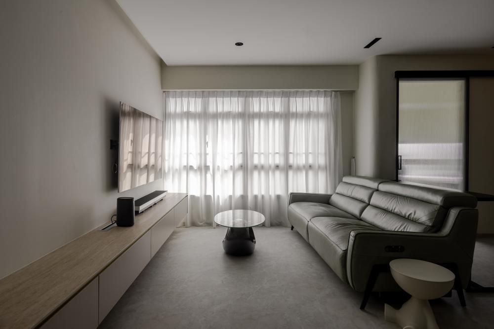 Minimalist Living Room with TV Console and Drop Light