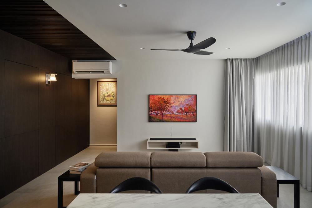 Contemporary Living Room with Homogeneous Tiles and Drop Ceiling