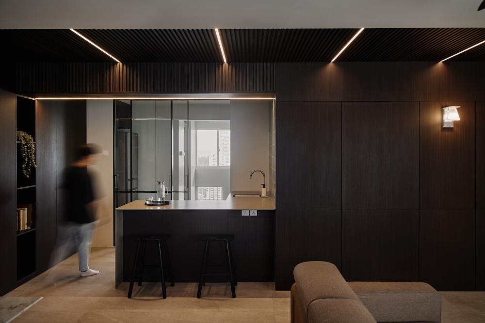 Contemporary Living Room with Countertop and Homogeneous Tiles