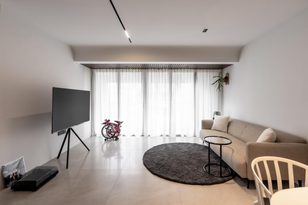 Minimalist Living Room with Homogeneous Tiles and Sofa