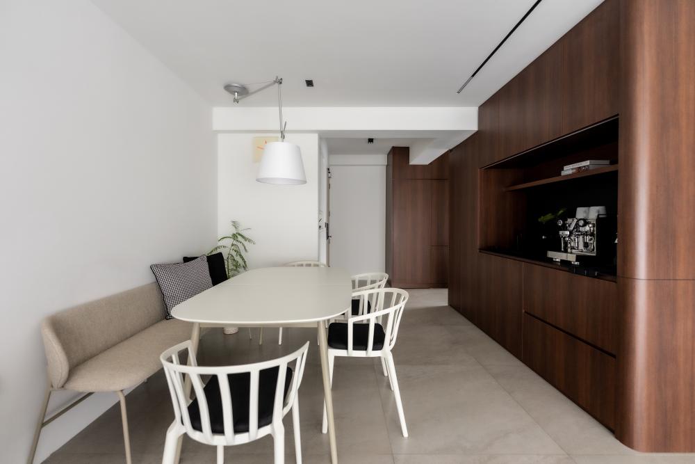 Minimalist Dining Room with Drop Ceiling and Downlights