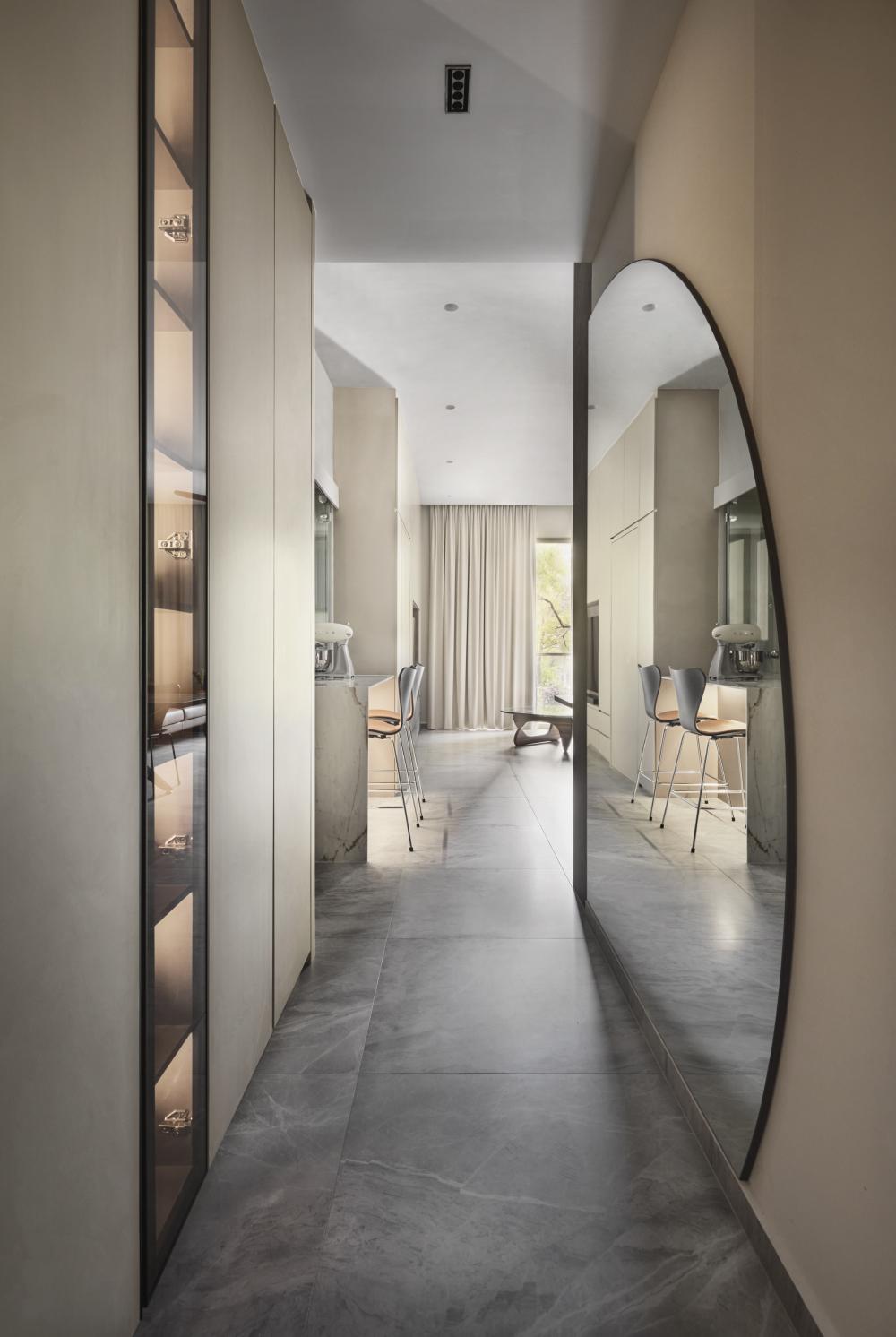 Contemporary Hallway with Mirror and Downlights