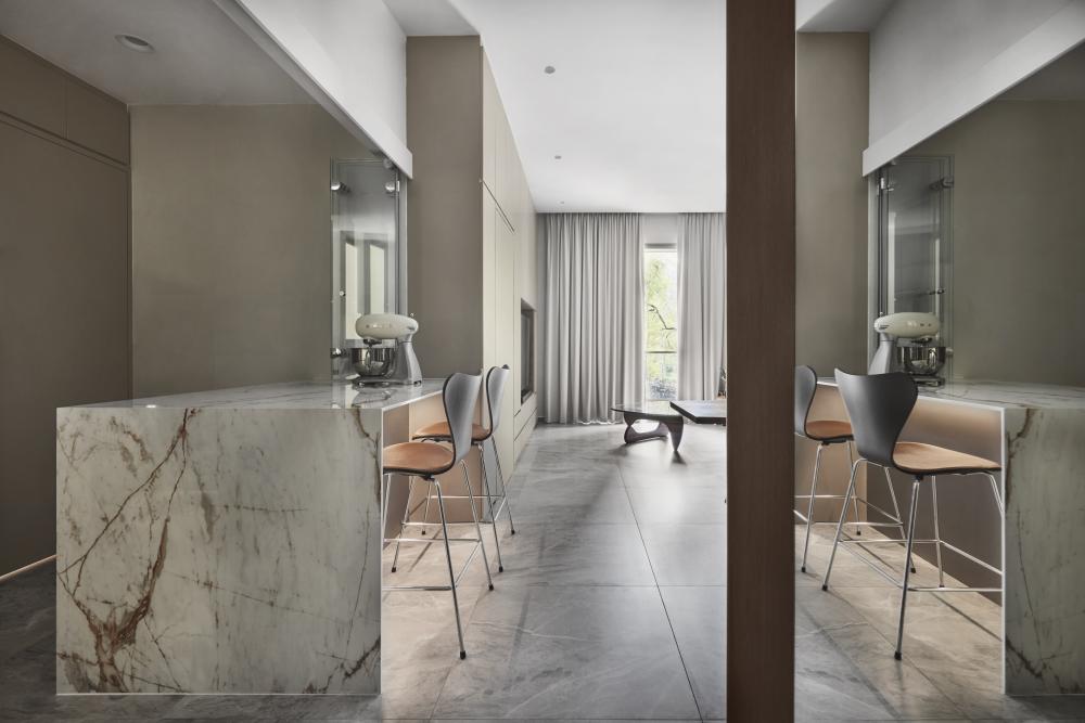 Contemporary Dining Room with Countertop and Kitchen Island