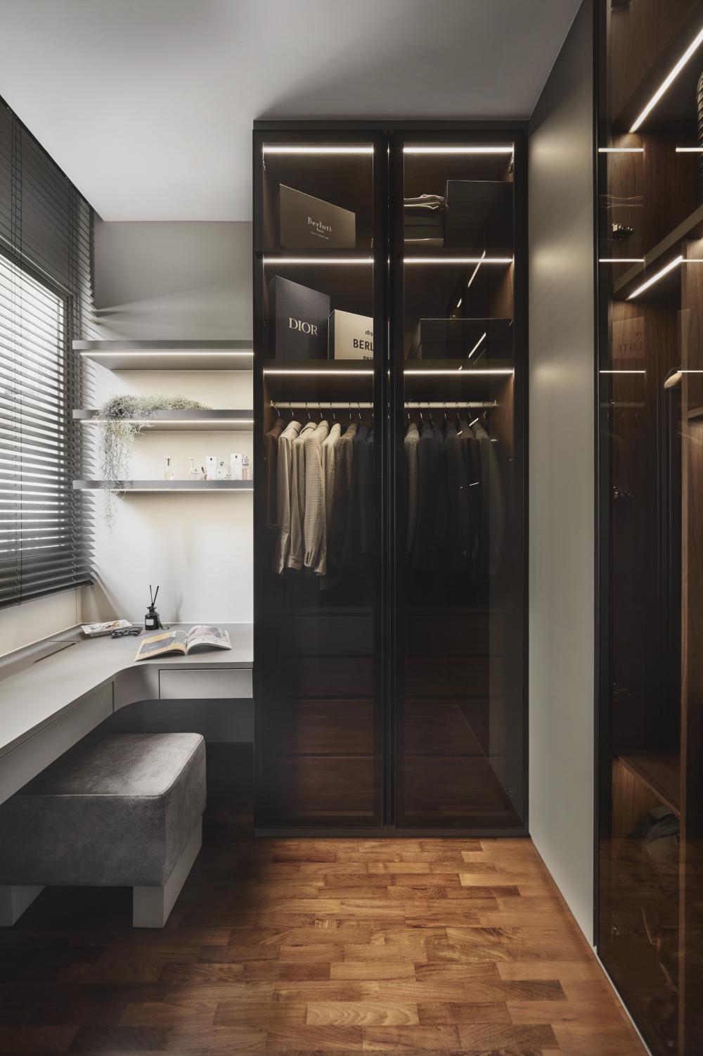 Contemporary Bedroom with Bookshelf and Parquet Floor