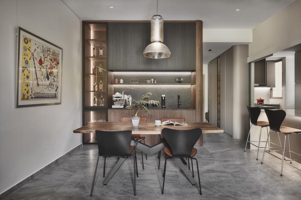 Contemporary Dining Room with Drop Light and Downlights