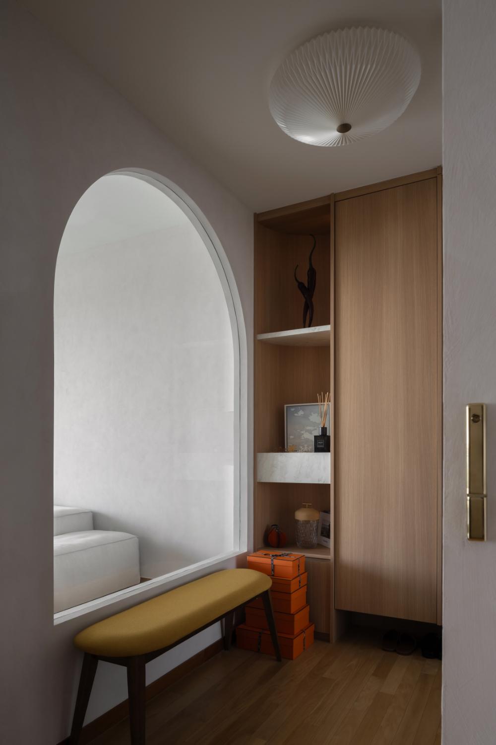 Transitional Entryway with Mirror and Seating Bench