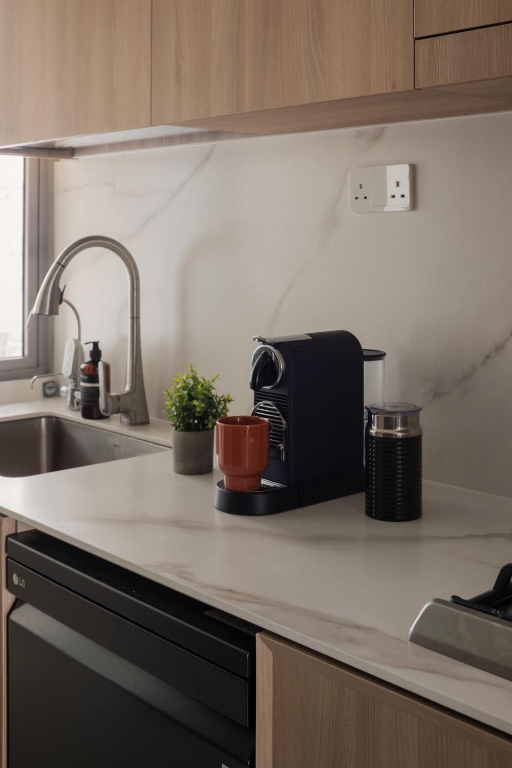 Transitional Kitchen with Countertop and Kitchen Window