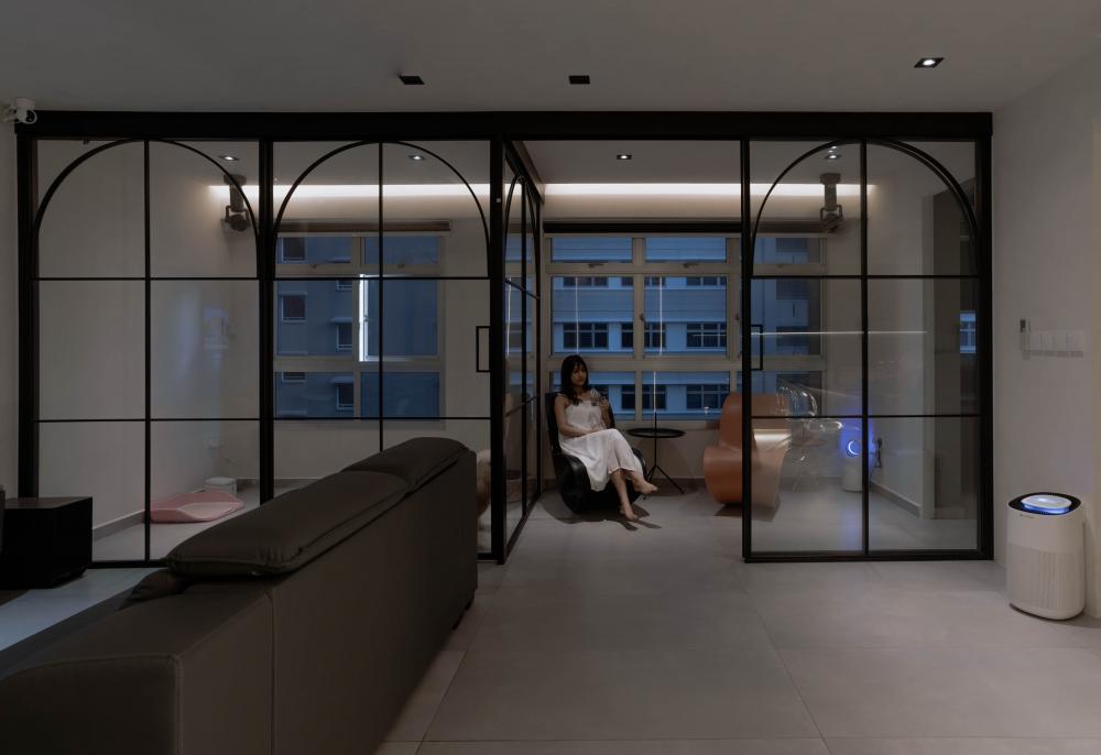 Industrial Living Room with Homogeneous Tiles and Ceiling Light