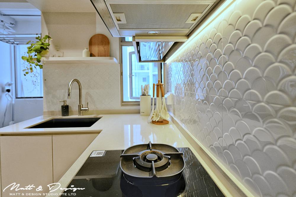 Scandinavian Kitchen with Homogeneous Tiles and Kitchen Tap