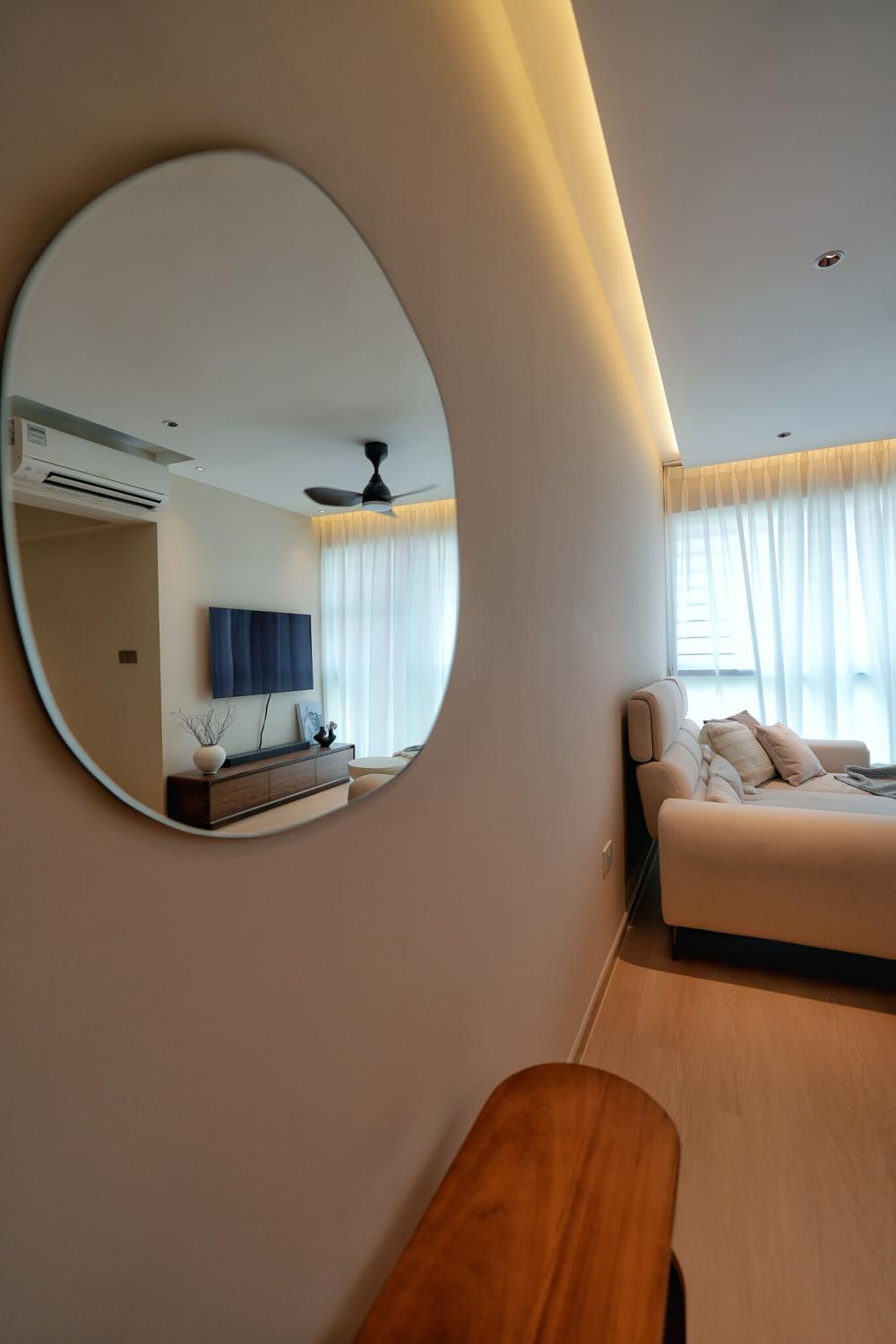 Scandinavian Entryway with Mirror and Seating Bench