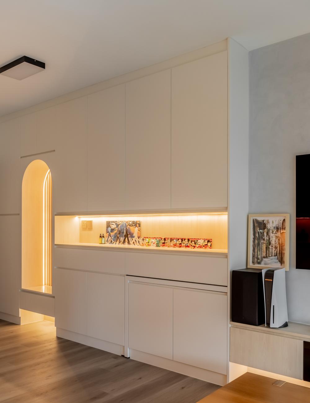 Scandinavian Living Room with Storage Cabinets and Display Cabinets