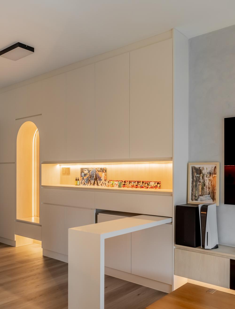 Scandinavian Living Room with Console Table and Storage Cabinets
