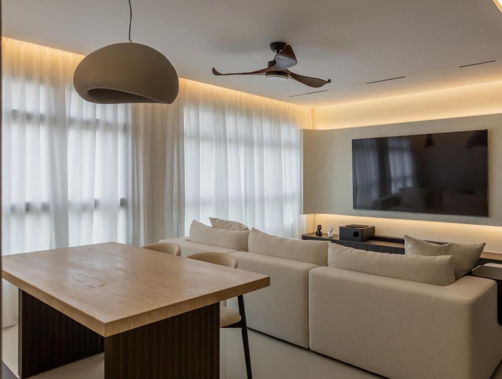Minimalist Living Room with Feature Wall and Downlights