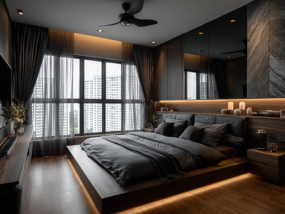 Contemporary Bedroom with Vinyl Flooring and Ceiling Light
