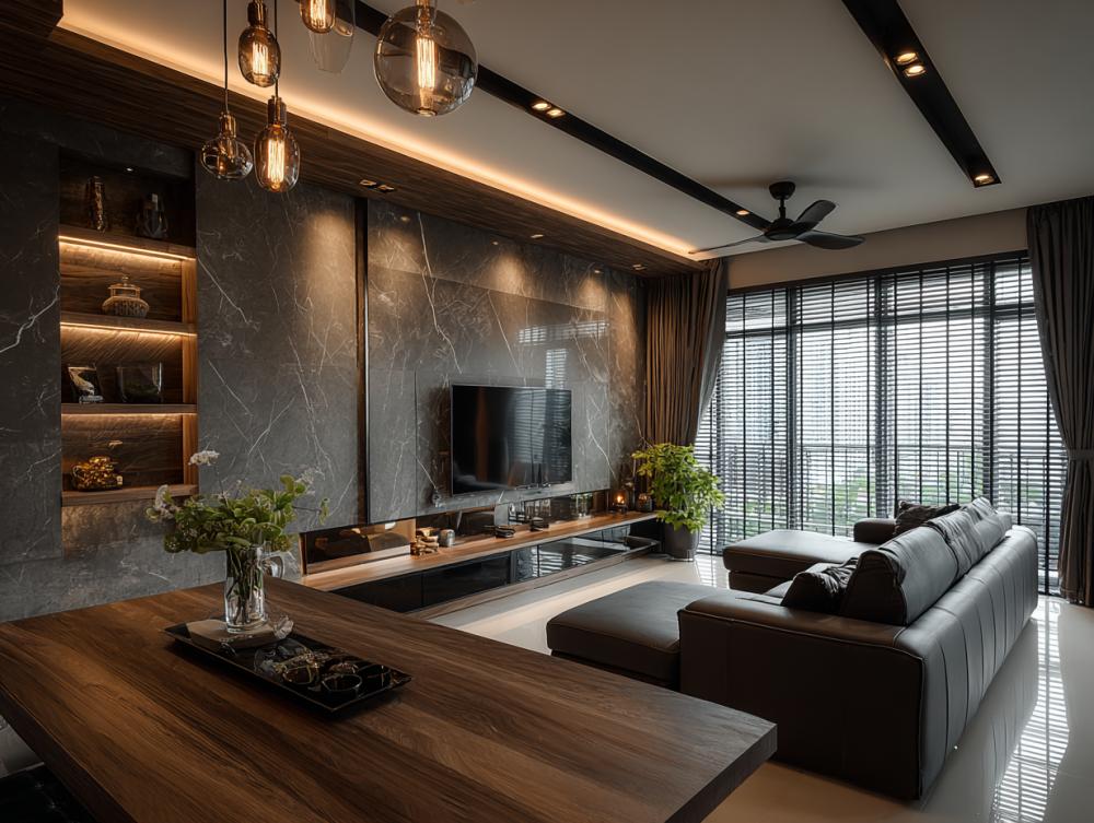 Contemporary Living Room with Bookshelf and Sofa