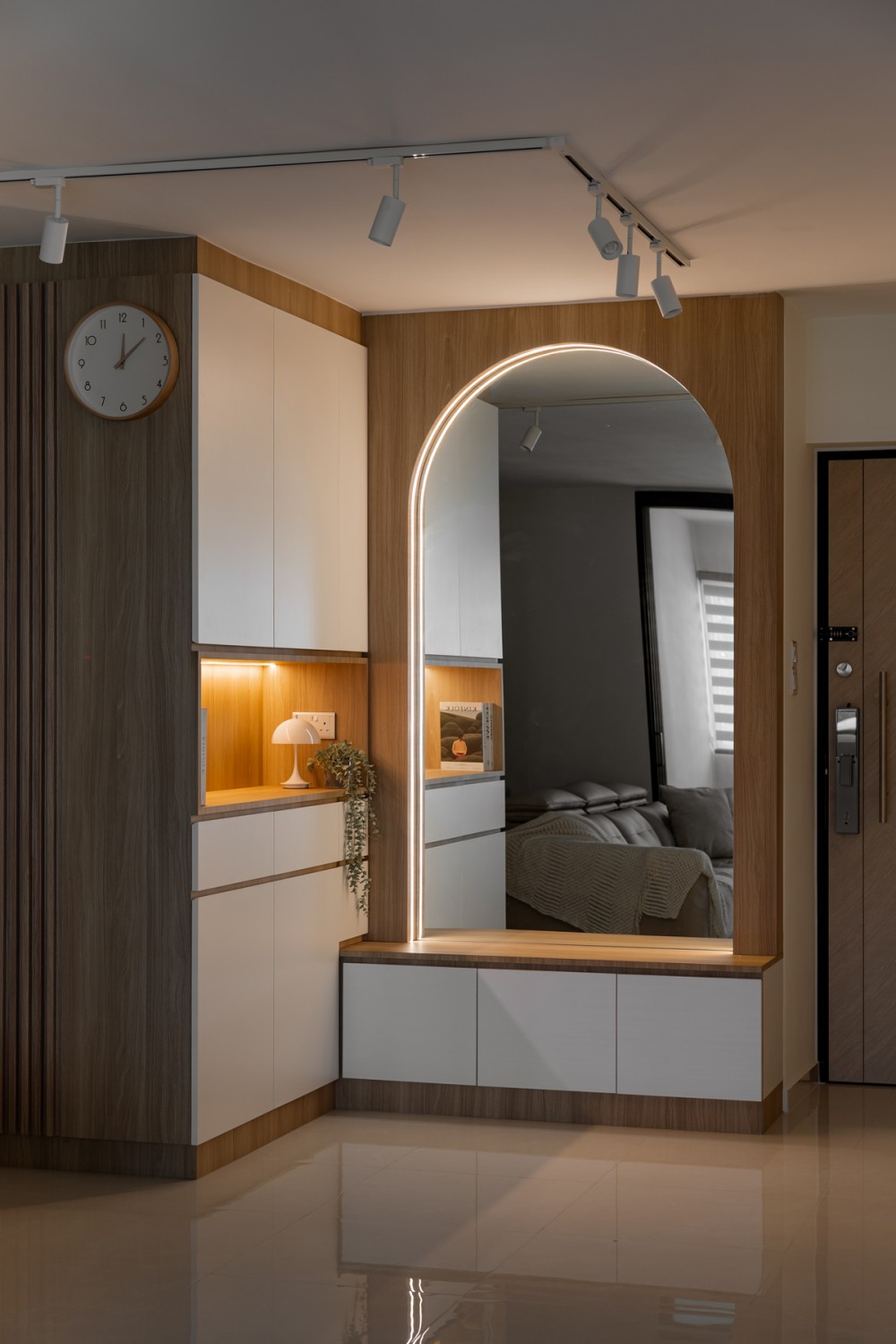 Modern Entryway with Mirror and Seating Bench