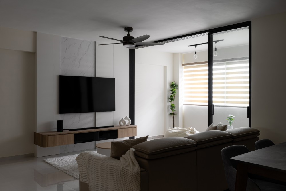 Modern Living Room with Homogeneous Tiles and TV Console